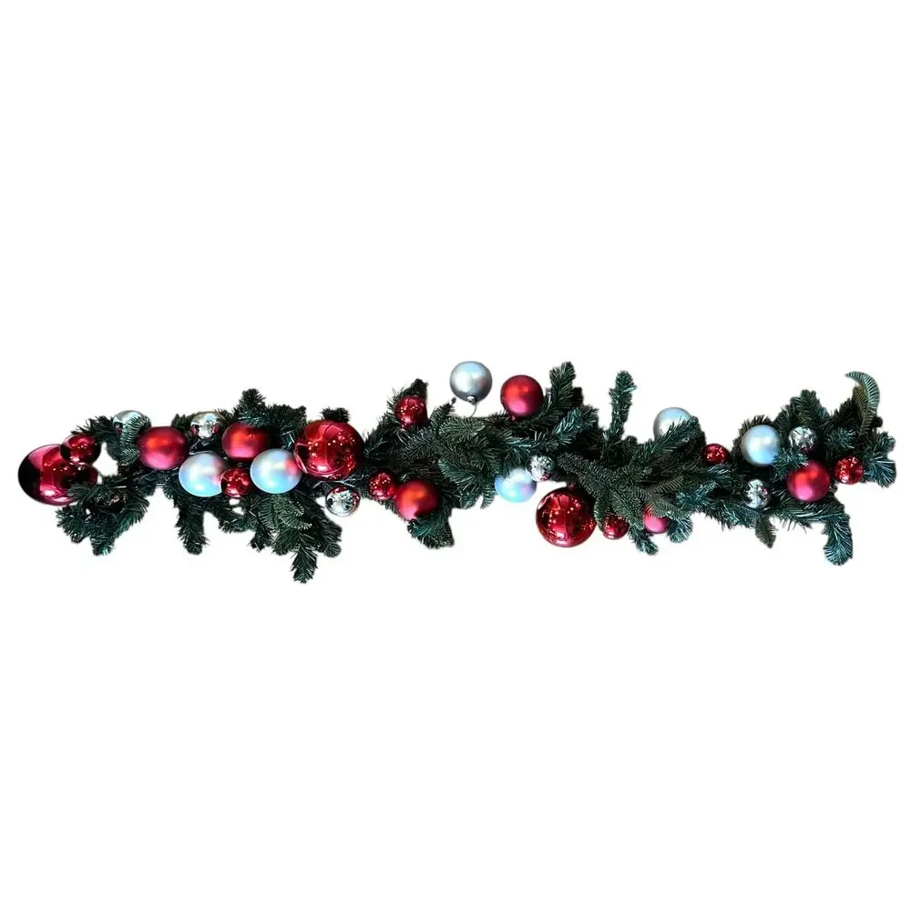 Pottery Barn Christmas Pine Garland Green with Ornament Balls Red Silver 4.5'